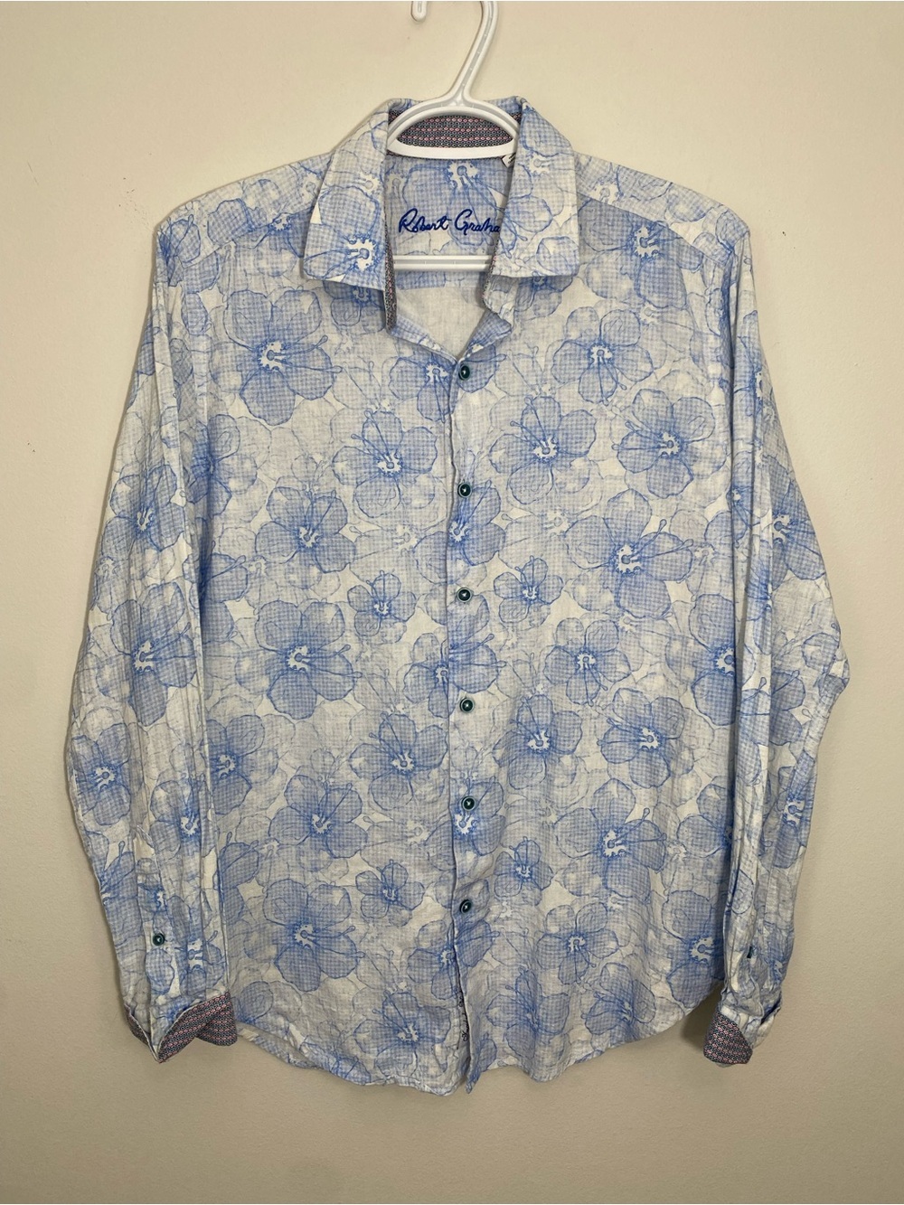 Robert Graham Linen & Cotton Blue Floral LongSleeve Button-Down Shirt Small